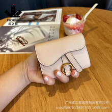 新款韩版女士真皮手掌纹短款三折钱包时尚风琴式马鞍按扣零钱卡包