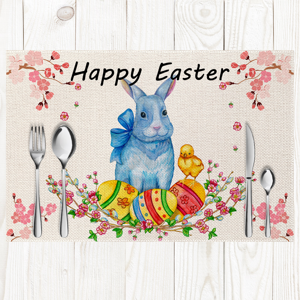 Cross-Border New Arrival Easter Linen Placemat Holiday Decoration Rabbit Egg Printing Napkin Tableware Heat Proof Mat Wholesale