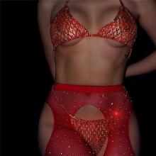 跨境网状身体链裙子红色水钻文胸内裤身体链闪亮性感文胸服装配饰