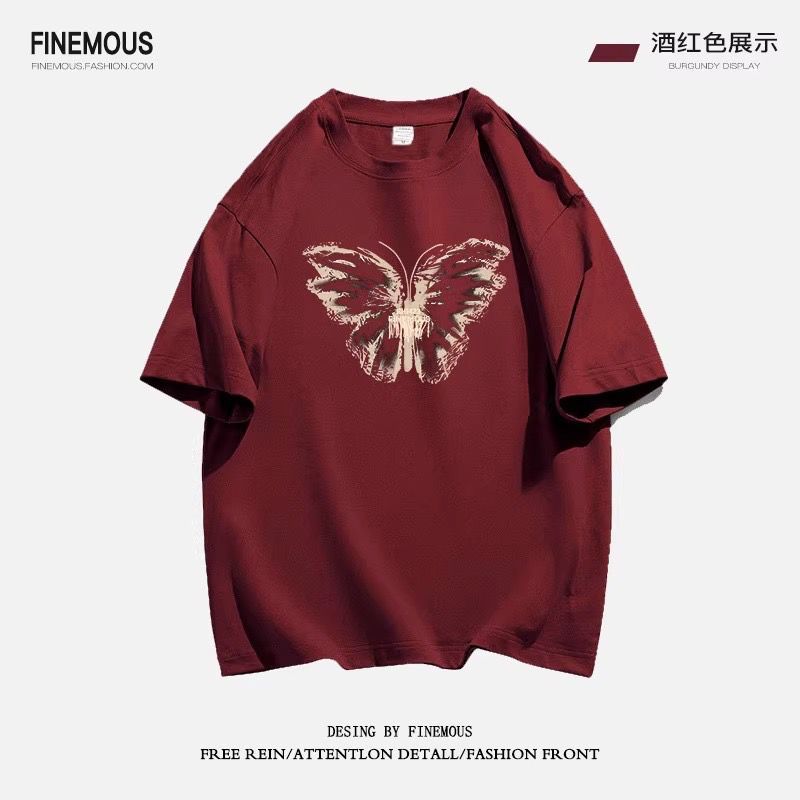 国潮牌酒红色短袖t恤女士夏季2024新款高街美式宽松显瘦正肩上衣