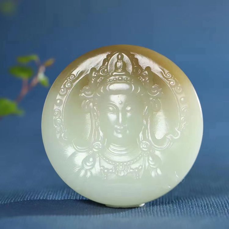 和田玉毛衣链老俄料俏糖色观世音菩萨头像吊坠鸿运当头佛像挂饰