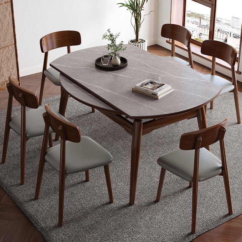 北欧风岩板餐桌椅组合可伸缩家用方圆两用小户型实木折叠饭桌原木