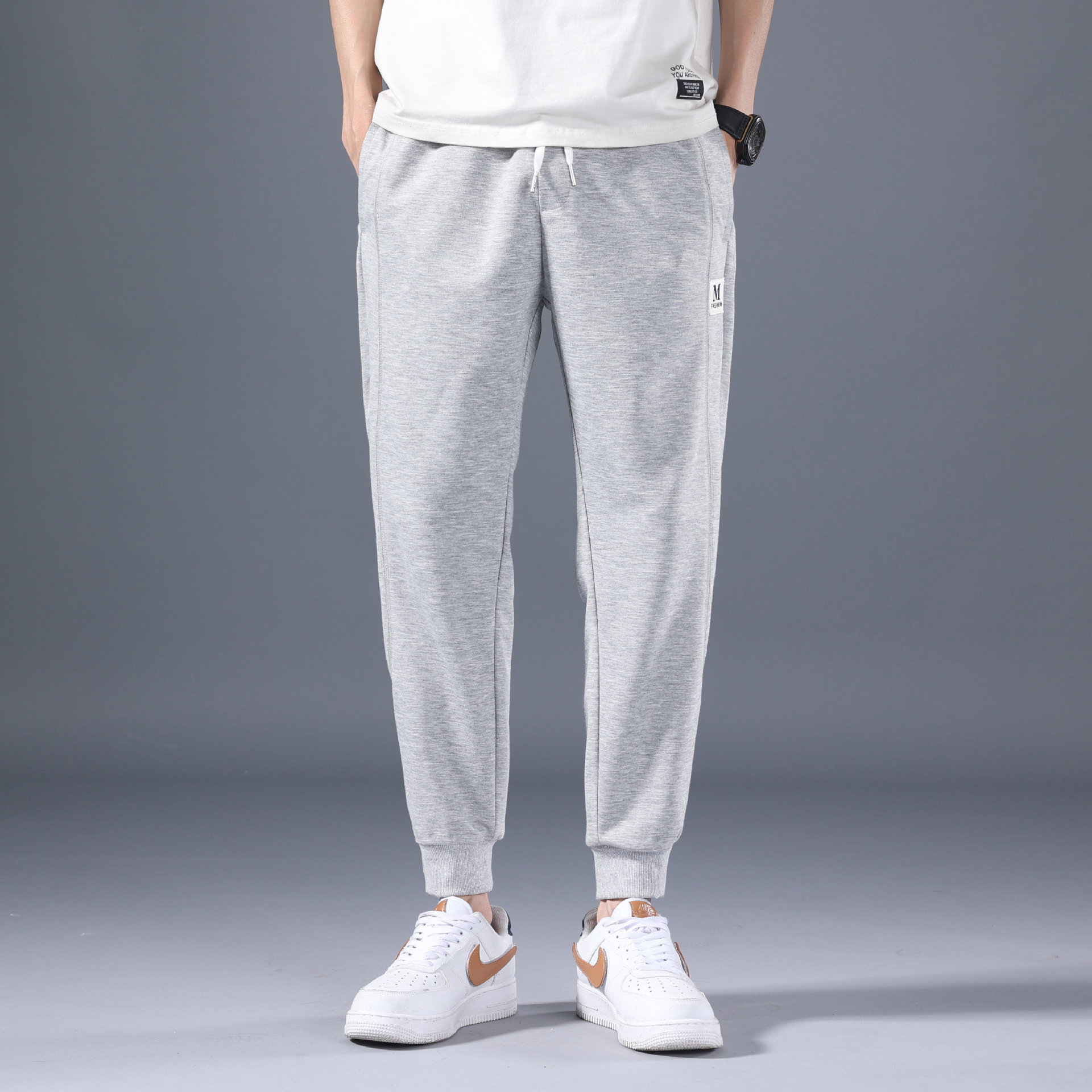 夏季新款休闲裤男松紧抽绳青年男士九分束脚卫裤时尚宽松休闲男裤