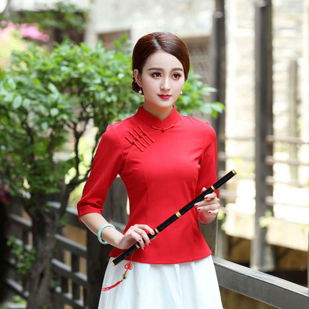 民国风唐装女夏中式女装茶艺师服装中国风工作汉服改良旗袍上衣