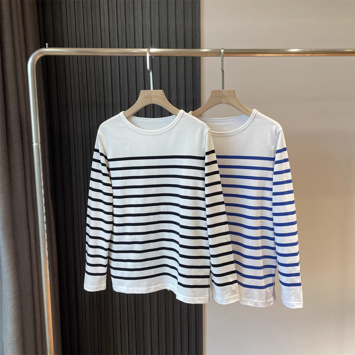 简约复古海魂衫全棉条纹圆领长袖t恤上衣秋冬打底女秋新款092802