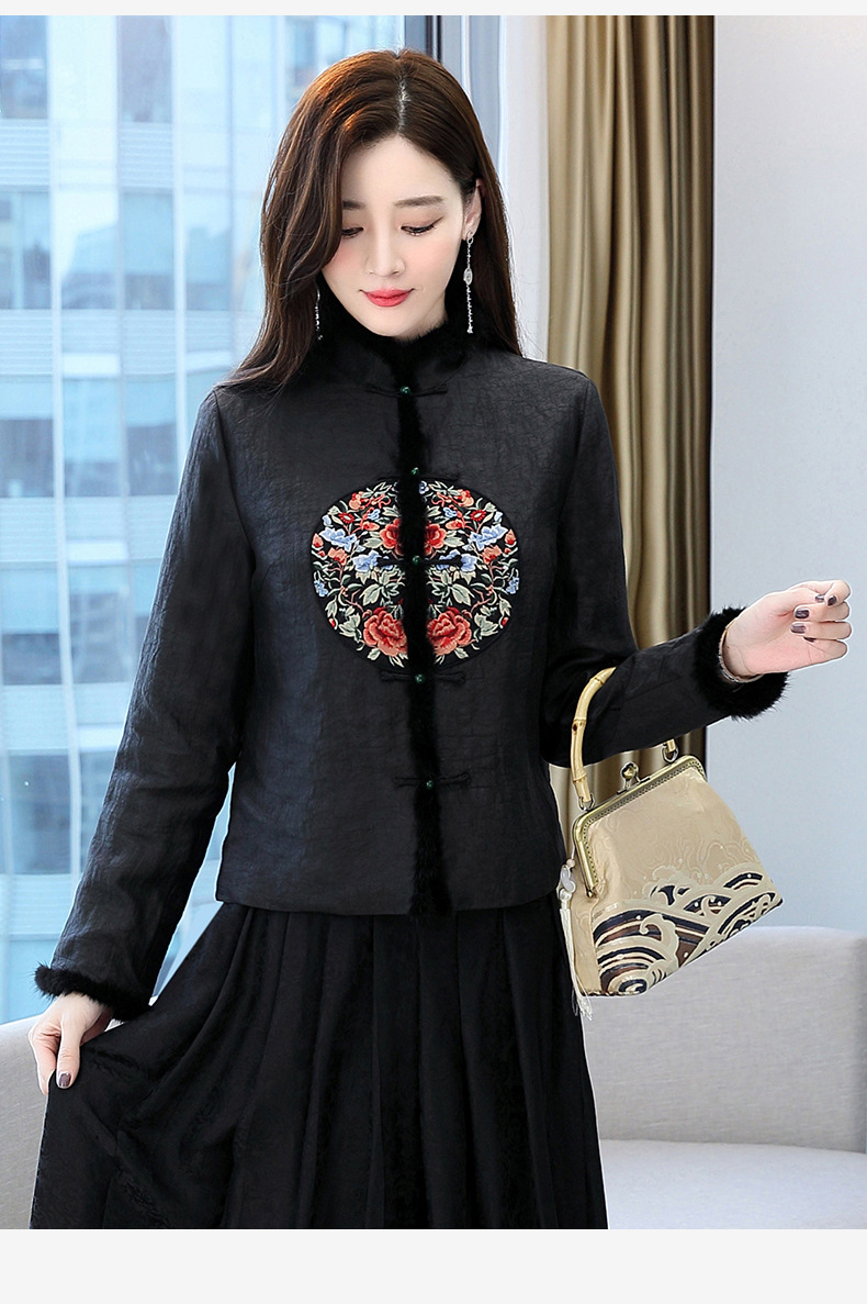 2021冬新款hryz7693黑色香云纱棉衣棉服女短款款重工刺绣夹棉外套