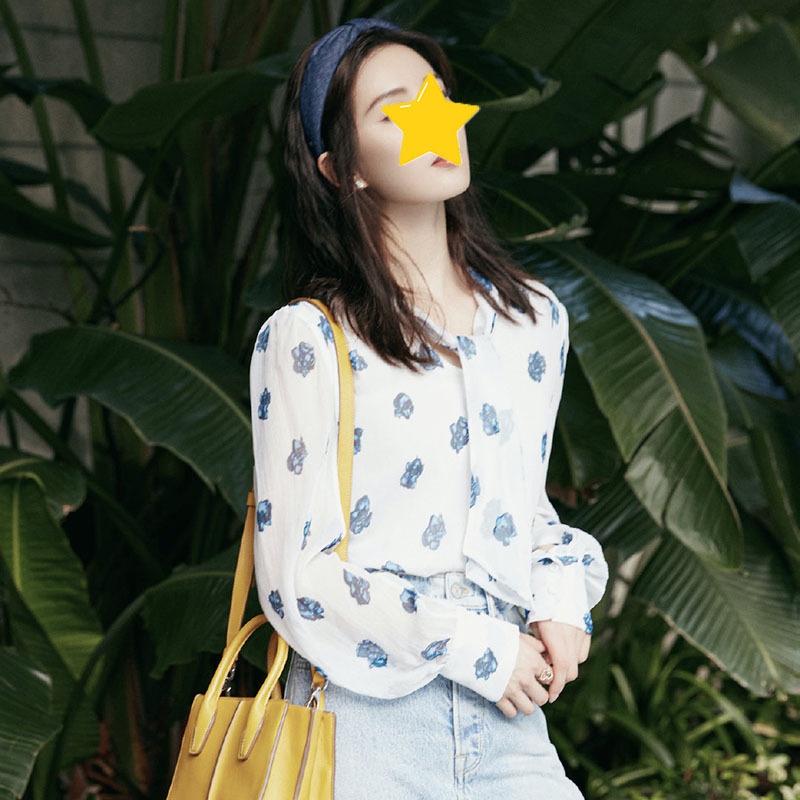 刘诗诗明星同款白色飘带雪纺花衬衫女夏季薄款设计感港风防晒上衣