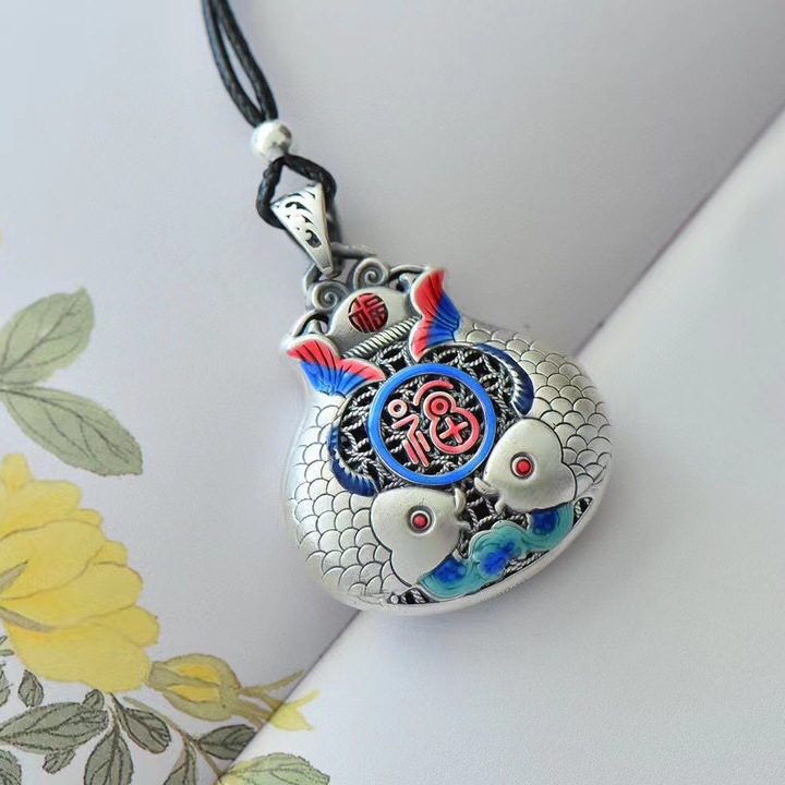 【泰银】国潮新款烤蓝工艺双鱼锦鲤福袋吊坠项链古法银珠编织皮绳