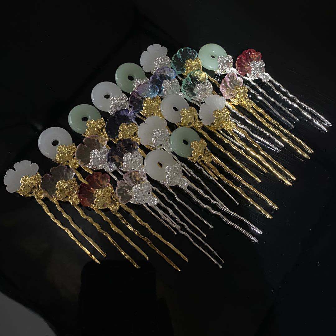 复古银杏花朵小发钗古装发饰点缀小珠钗汉服日常发簪古风琉璃发钗