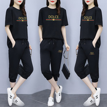 单件/套装 夏季薄款韩版休闲运动女新黑色宽松裤子短袖时尚两件套