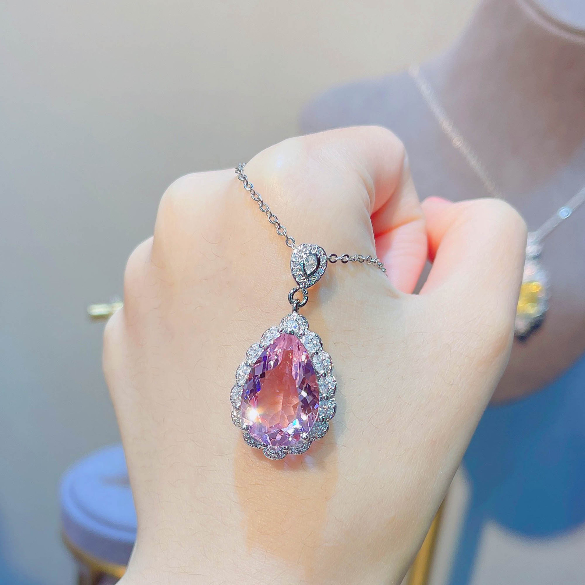 5克拉鸟巢切工水滴形樱花粉色摩根石吊坠活口可调彩宝戒指套装