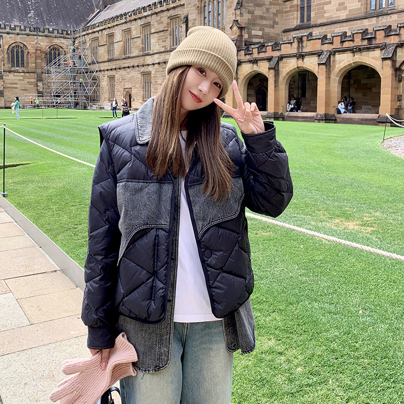 小众设计感90白鸭绒轻薄羽绒服女冬2023新款韩版设计感牛仔两件套