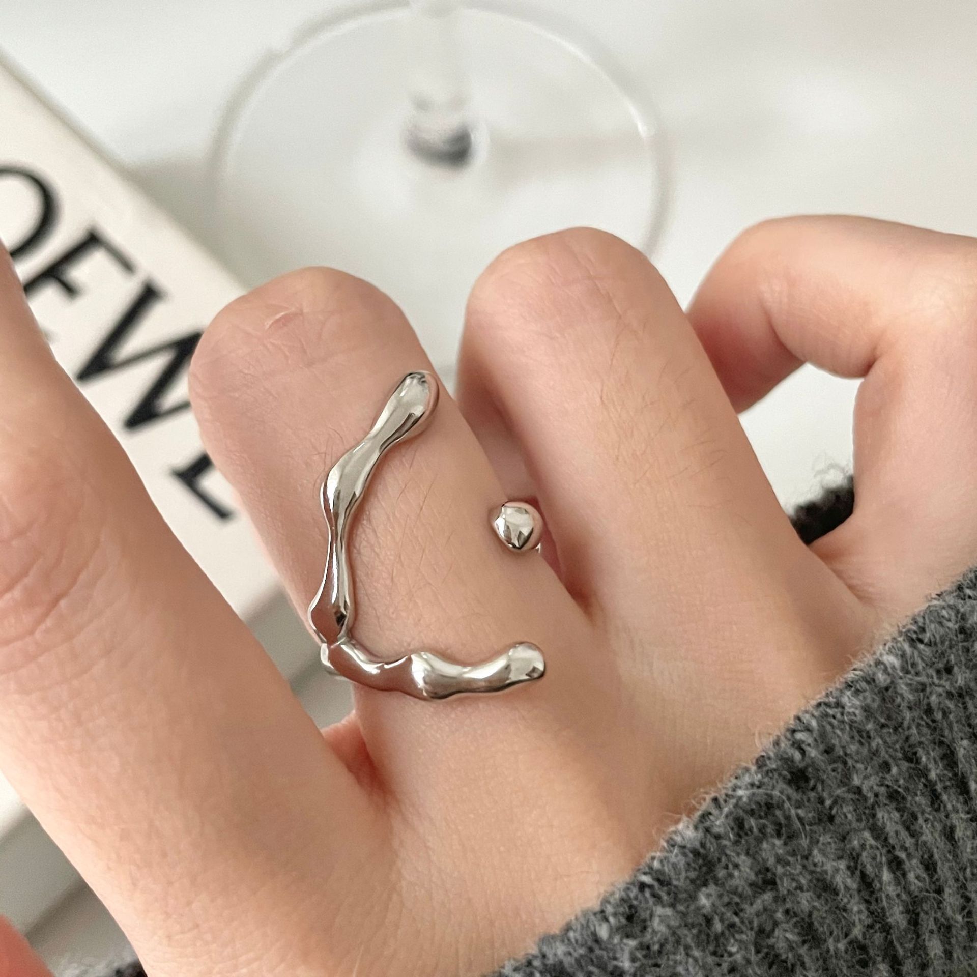 Korean Style S925 Silver Pearl Ring Women's Retro Fashion Texture Water Drop Open Ring Temperament Hip Hop Index Finger Ring Fashion