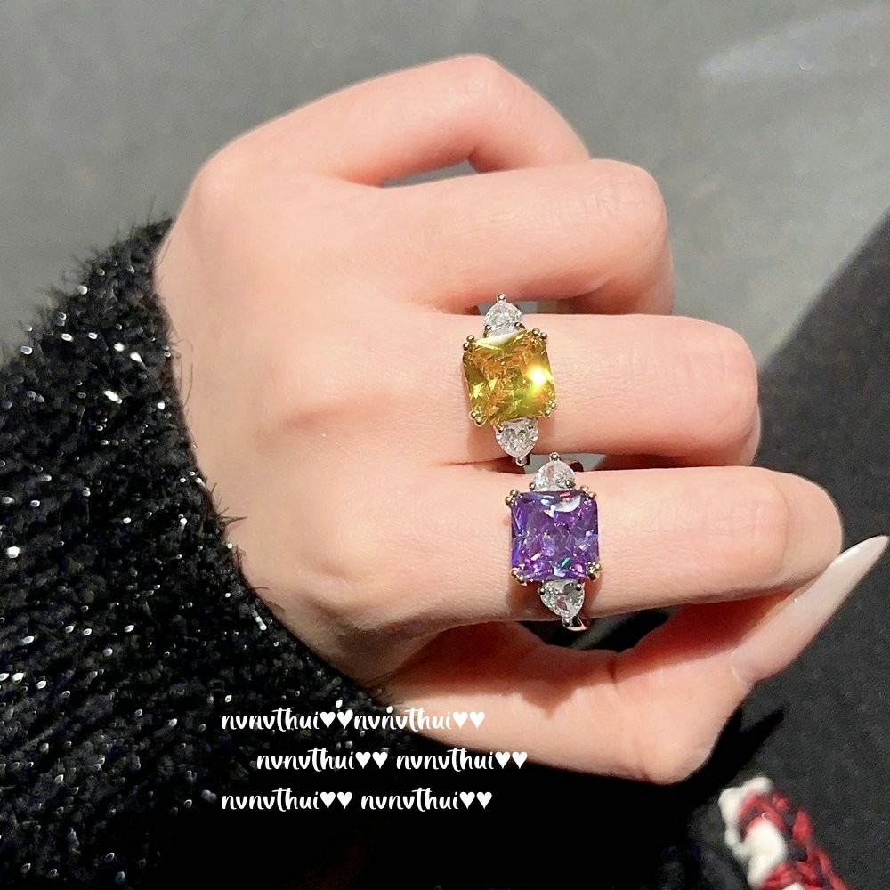Western Lilac Lavender Big Gem Ring Rich Home Gold 18K Gold Plating Twilight Yellow Fat Square Zircon Ring