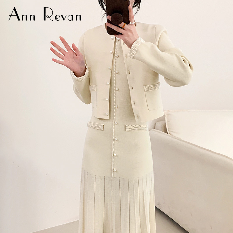 ann revan 2024新款法式小众珍珠装饰高级感小洋装小香风套装裙女