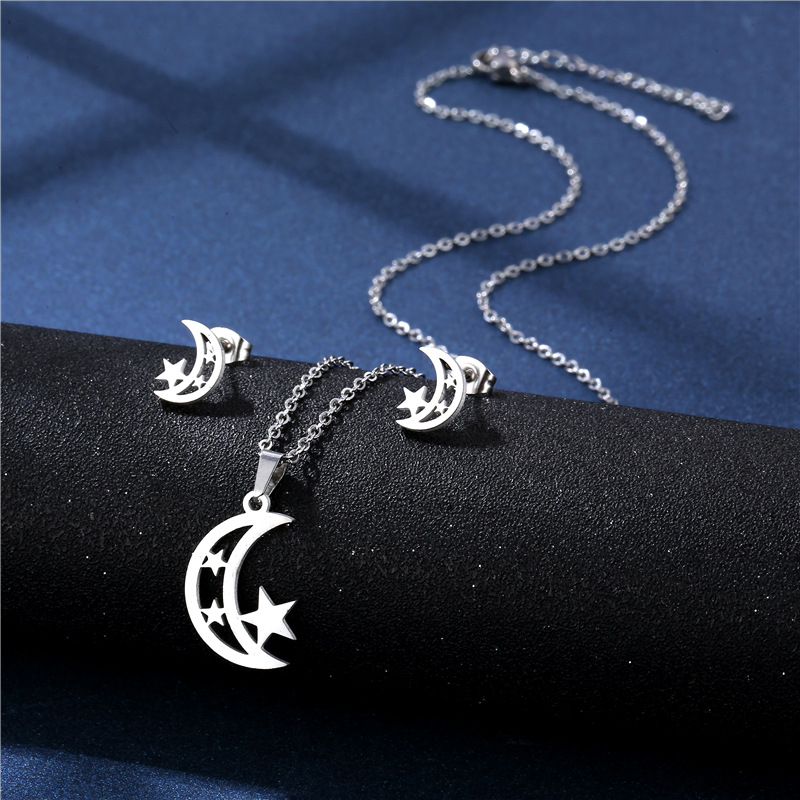 Stainless Steel Star Moon Necklace Women's Korean-Style Stylish Moon and the Stars Pendant Clavicle Chain Earings Set Cross-Border Sold Jewelry
