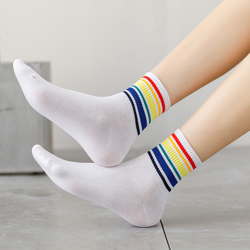 Women's Socks Spring and Summer New Japanese Rainbow Striped Mid-Calf Length Socks Women's Couple Internet Celebrity All-Matching Athletic Socks Medium Stockings