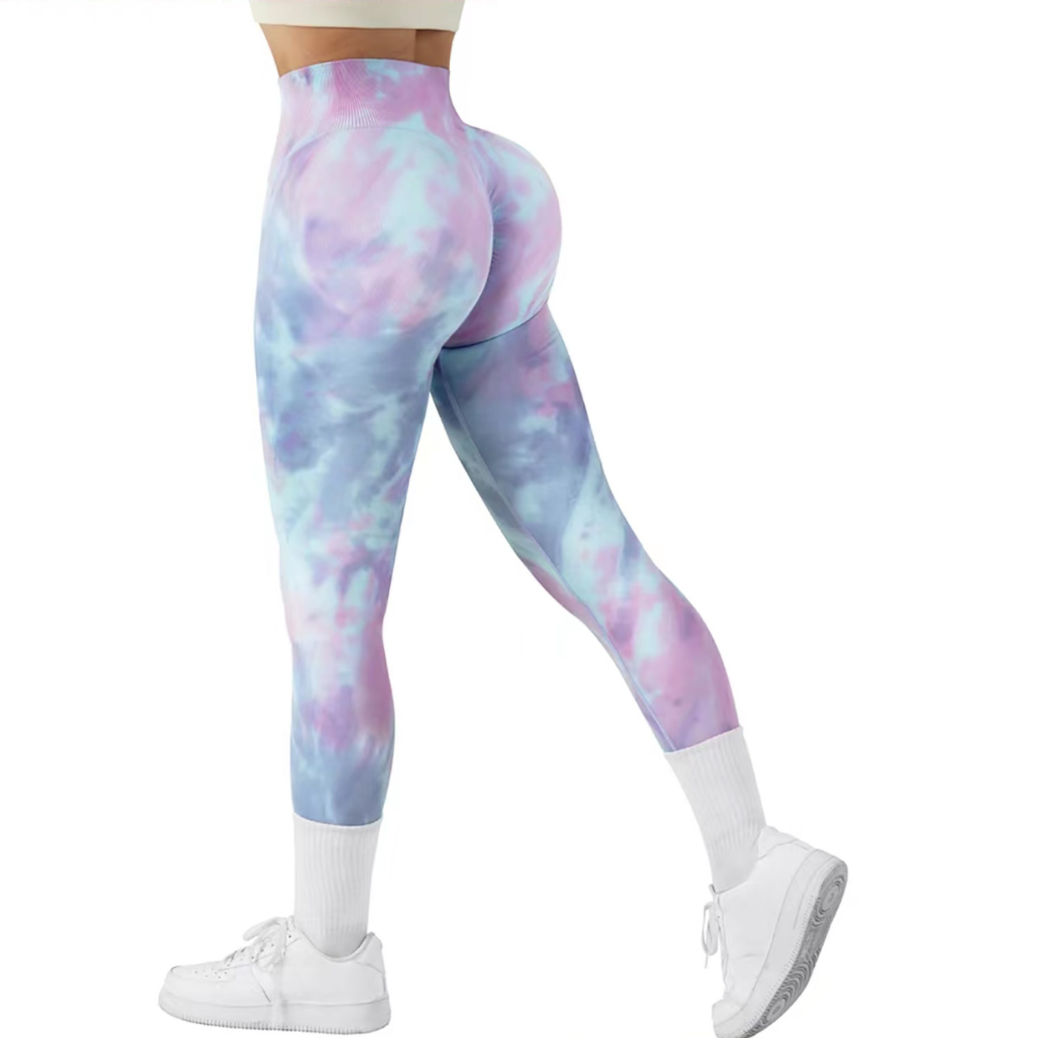 Cross-Border Seamless Binding and Bleaching Peach Hip Yoga Pants High Waist Belly Contracting Fitness Pants Women's Tie-Dyed Running Sports Tight Pants