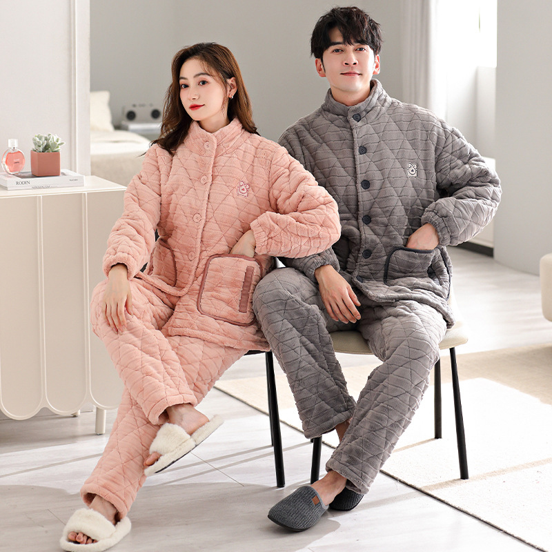 冬季睡衣情侣女三层夹棉保暖棉袄长袖开衫家居服休闲卡通男款套装