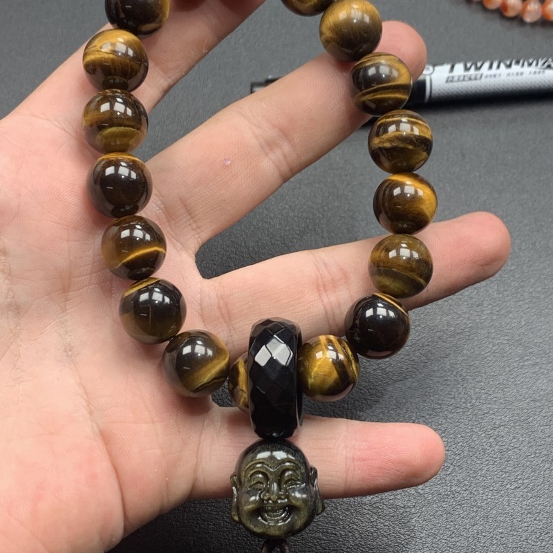 天然黄虎眼石手链十八子手持闪电眼虎晴石木变石水晶饰品diy手串
