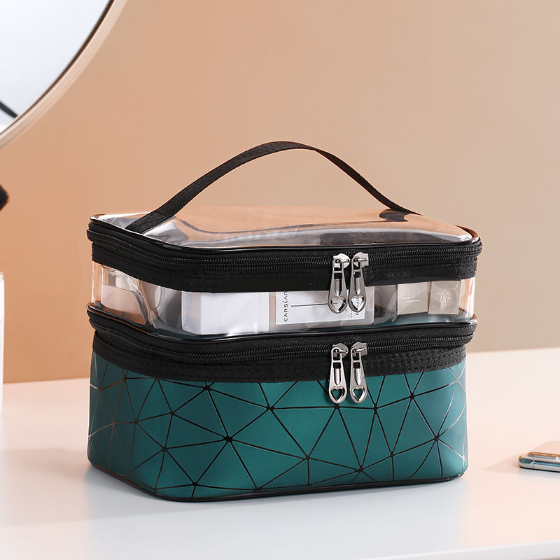 New Double-Layer Cosmetic Bag Box Plaid Portable Women's Makeup Artist Multi-Function Storage Wash Makeup in Stock Wholesale