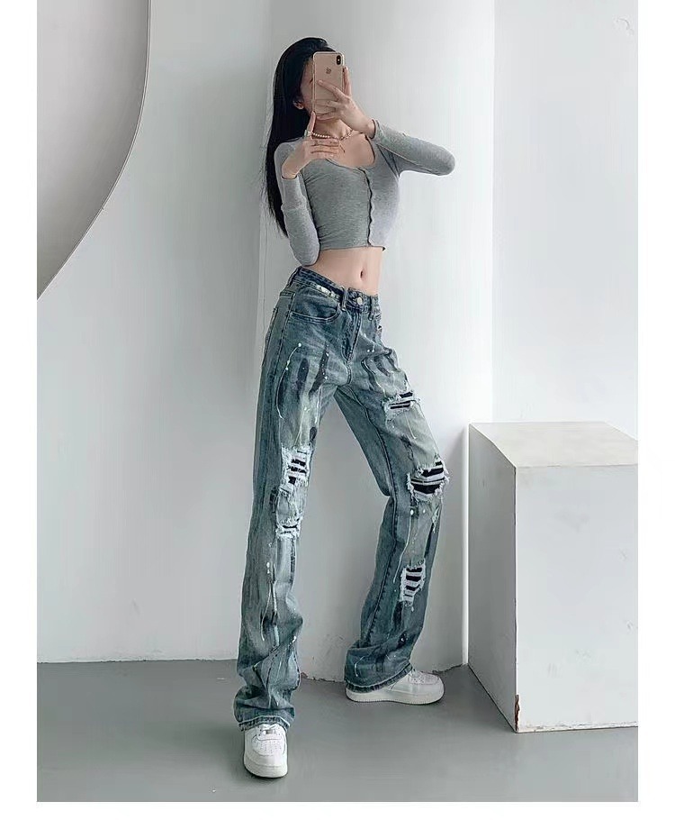 Hot Girl American Ripped Jeans Women's Spring Straight Loose Slimming Sense of Design Mop Pants High Street Fashion