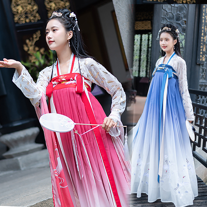 中国风女装汉服古装汉元素古风唐装齐胸6米大摆裙女式渐变长裙春