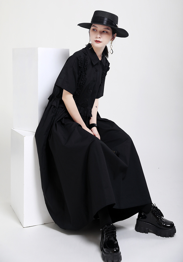 2021夏新款连衣裙日系木耳边拼接荷叶边短袖娃娃裙大摆黑色连衣裙