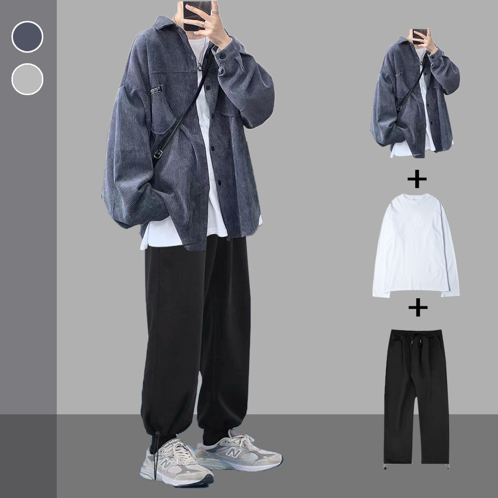 春秋灯芯绒衬衫套装男士复古潮流外套休闲一套搭配帅气男装三件套