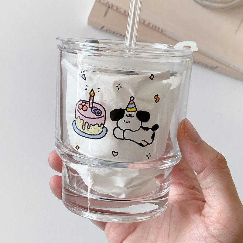 Thermal Transfer Printing Japanese and Korean Ins Glass Straw Cup Cake Puppy Water Cup Student Drinking Cup Glass Wholesale