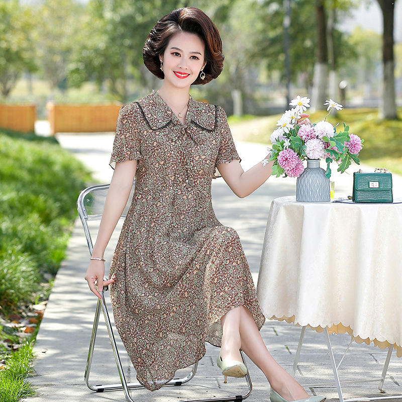 2022新款中老年女装短袖娃娃领雪纺裙子中年服装妈妈装夏装连衣裙