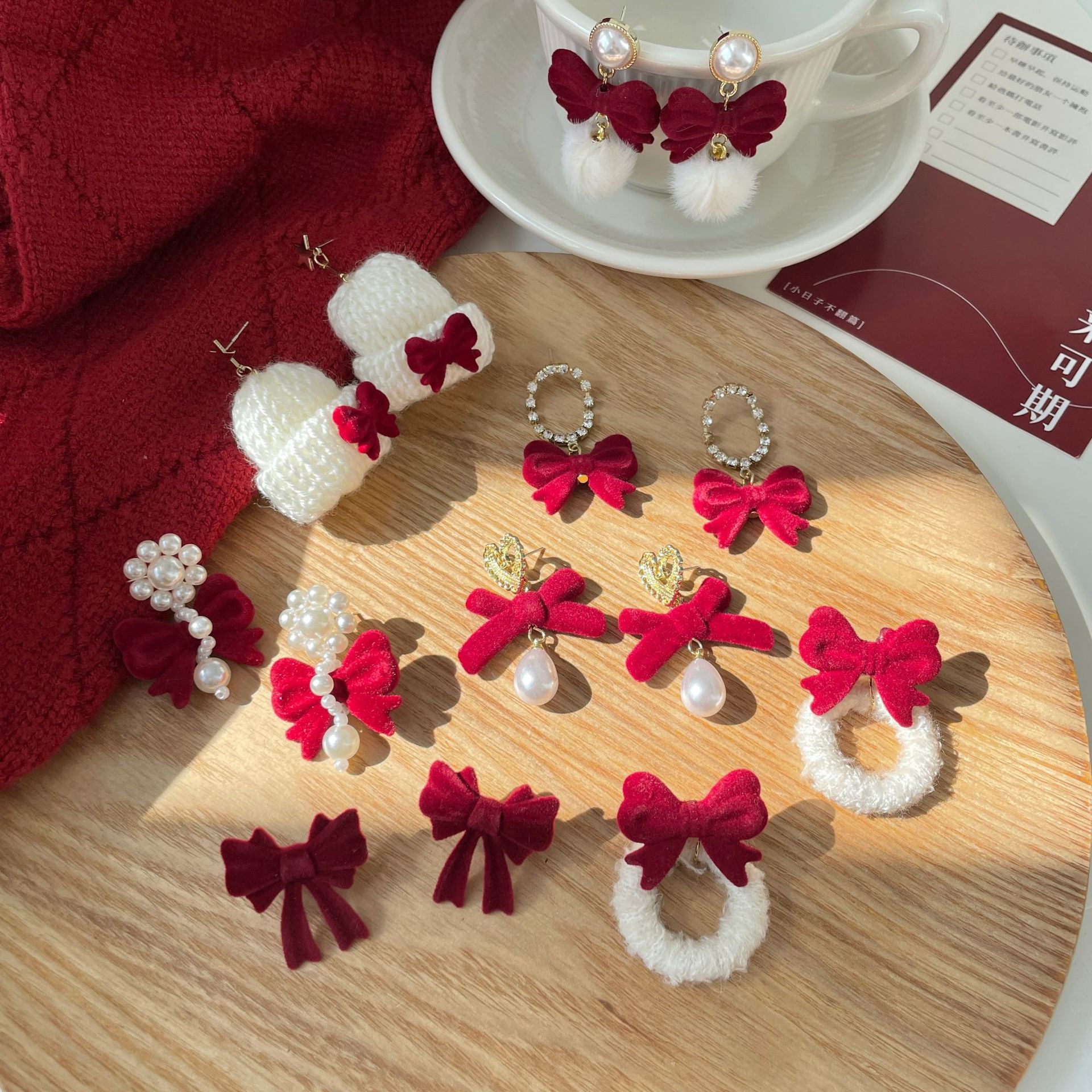 2022 New Year Celebration Red Silver Stud Earrings Women's Autumn and Winter Elegant Graceful Earrings Flocking Bow Earrings Wholesale