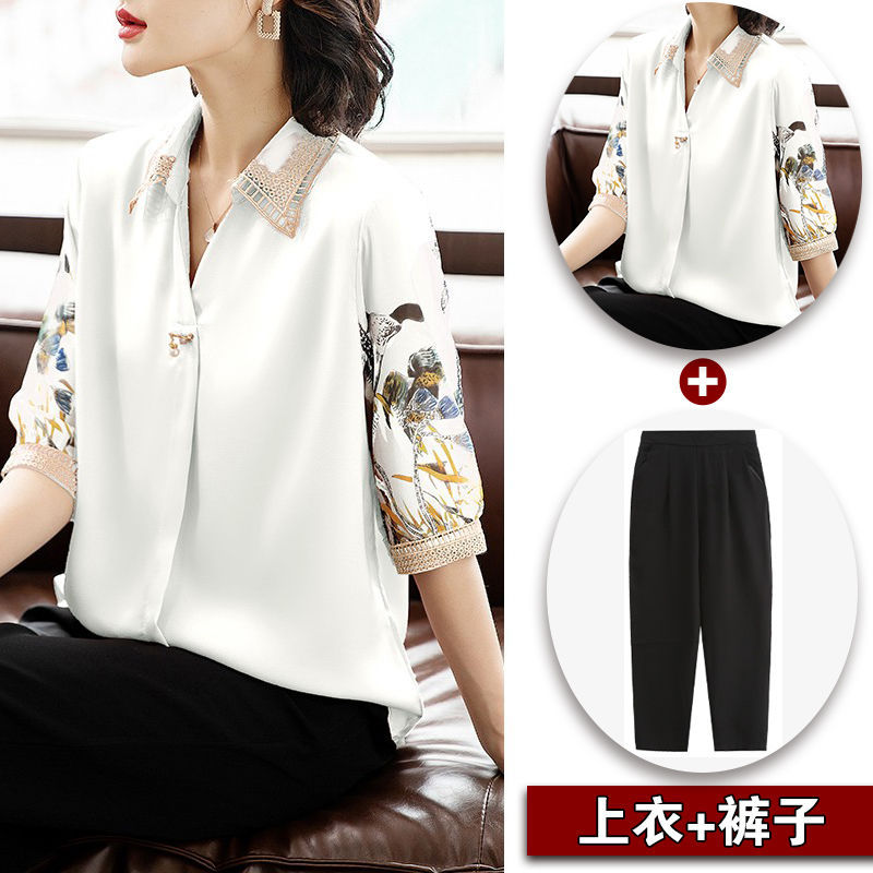 妈妈夏装洋气套装中老年女装中袖雪纺上衣2024新款春秋装短袖衬衫