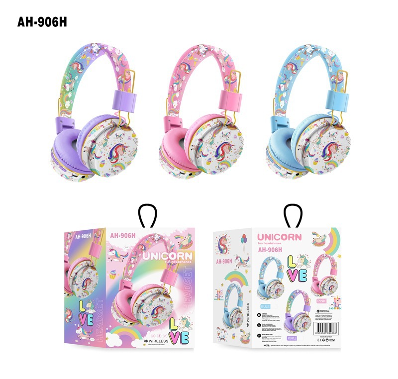 Cross-Border New Arrival AH-906H Cute Unicorn Cartoon Bluetooth Headset Children Learning Headset Wireless Folding