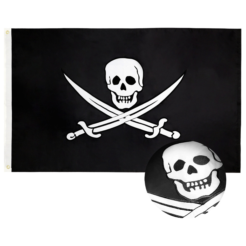 亚马逊海盗系列绣花旗3x5英尺双层双刀骷髅头加勒比海盗旗帜