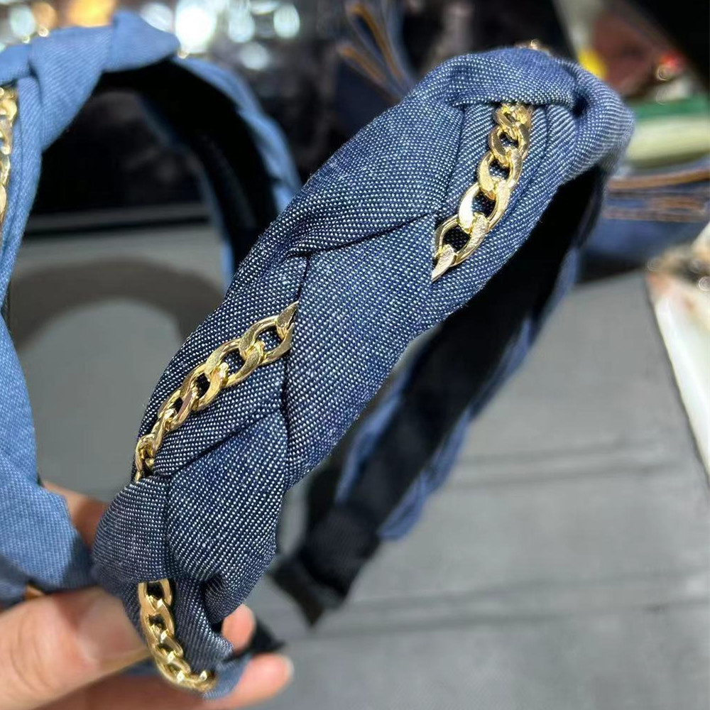 2023 New Korean Fabric Denim Chain Non-Slip Headband Graceful and Fashionable Wide-Edge Bow Headband Hair Accessories