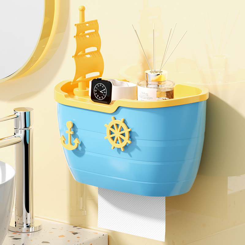 Boat Bathroom Wall-Mounted Tissue Box Waterproof Creative Toilet Paper Box Storage Tissue Box Toilet Roll Stand No Punch Frame