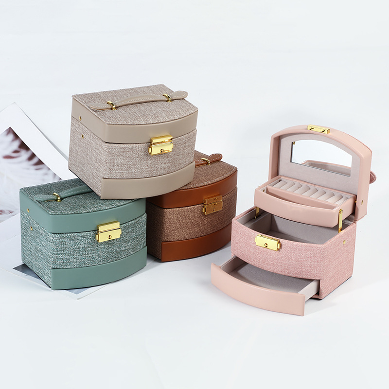 Korean Style Large Capacity Jewelry Box PU Leather Jewelry Box Three-Layer Drawer Earrings Necklace Ring Storage Box