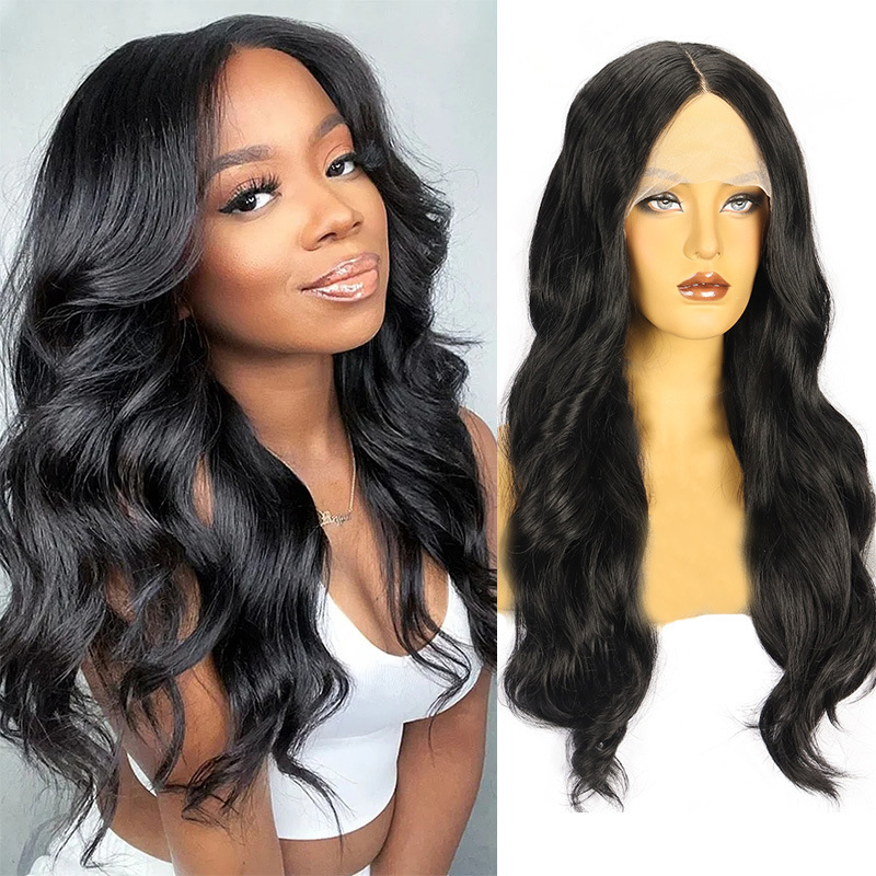 cross-border european and american 13*4 front lace wig female black long curly hair synthetic wigs body wave lace wig