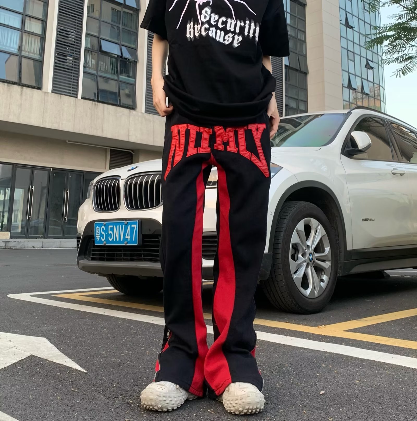 美式高街贴布裤脚拉链牛仔裤男女vibe高街嘻哈直筒宽松长裤子潮流