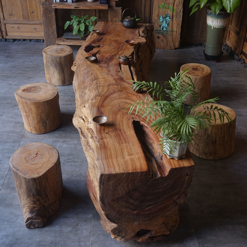 原生态原木茶几 家用客厅庭院2米休闲泡茶桌 香樟木树桩凳子组合