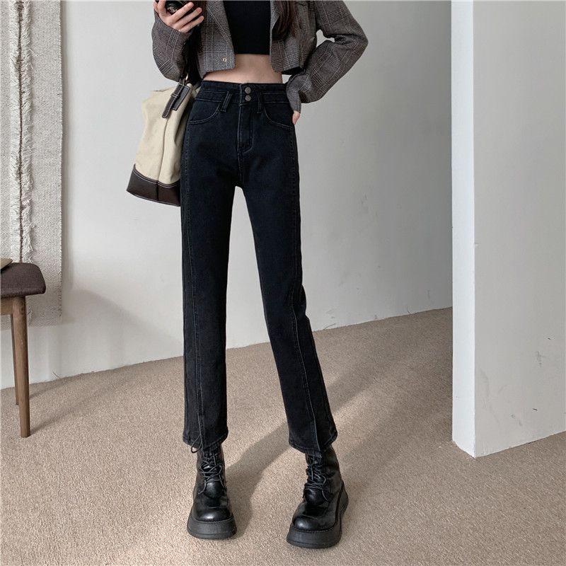 烟筒裤弹力牛仔裤女春秋港味高腰直筒胖mm显瘦开叉小个子九分烟管
