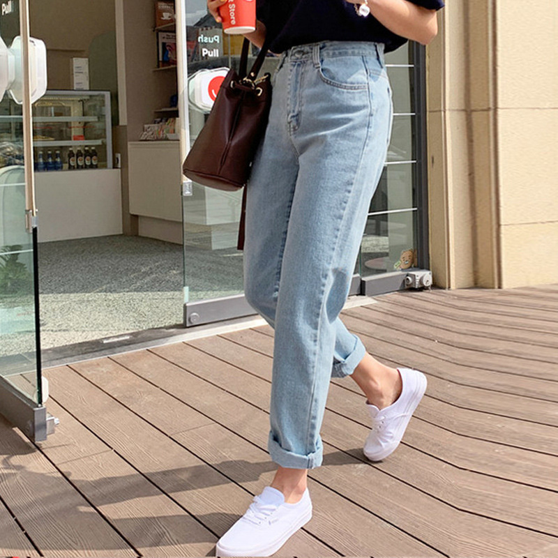 Harem Jeans Women's Spring and Autumn 2023 New High Waist Korean Style Loose Light Blue Straight Ankle-Length Dad Pants