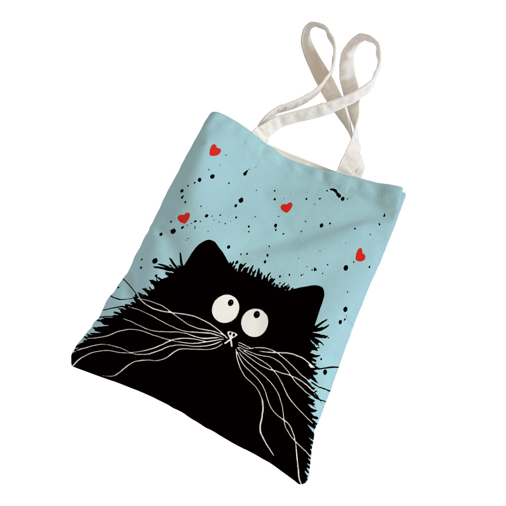 New Black Cat Printed Canvas Bag Handbag Women's Shoulder Bag Beach Bag Large Capacity Shopping Bag Tote