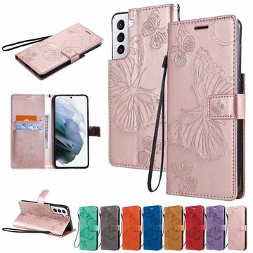 适用于三星s21手机皮套 a02s蝴蝶压花插卡钱包保护套 a32纯色皮套