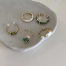 法式复古滴釉镶钻 彩色珍珠小众设计冷淡风组合叠戴个性开口戒指