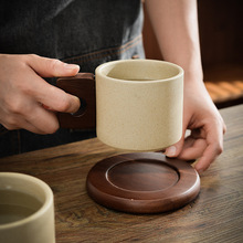复古日系陶瓷马克杯家用土陶挂耳咖啡杯水杯相思木碟养生陶咖啡杯