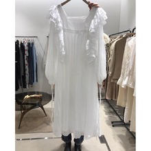 韩国东大门2024春女装新款洋气仙气显瘦纯色荷叶边方领长袖连衣裙