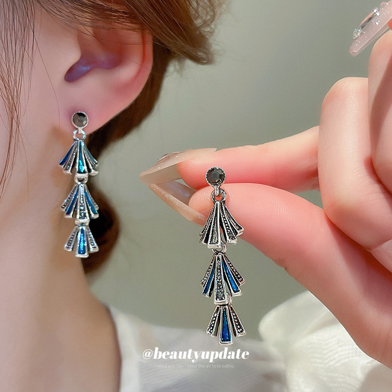 银针镶钻花朵滴油流苏耳环小众精致高级感耳坠气质轻奢复古耳饰女