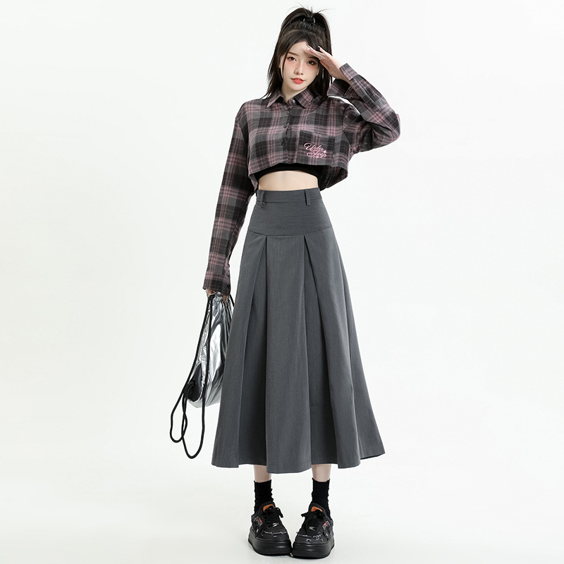 灰色学院风百褶裙女2024年春季厚款高腰a字显瘦百搭中长款半身裙